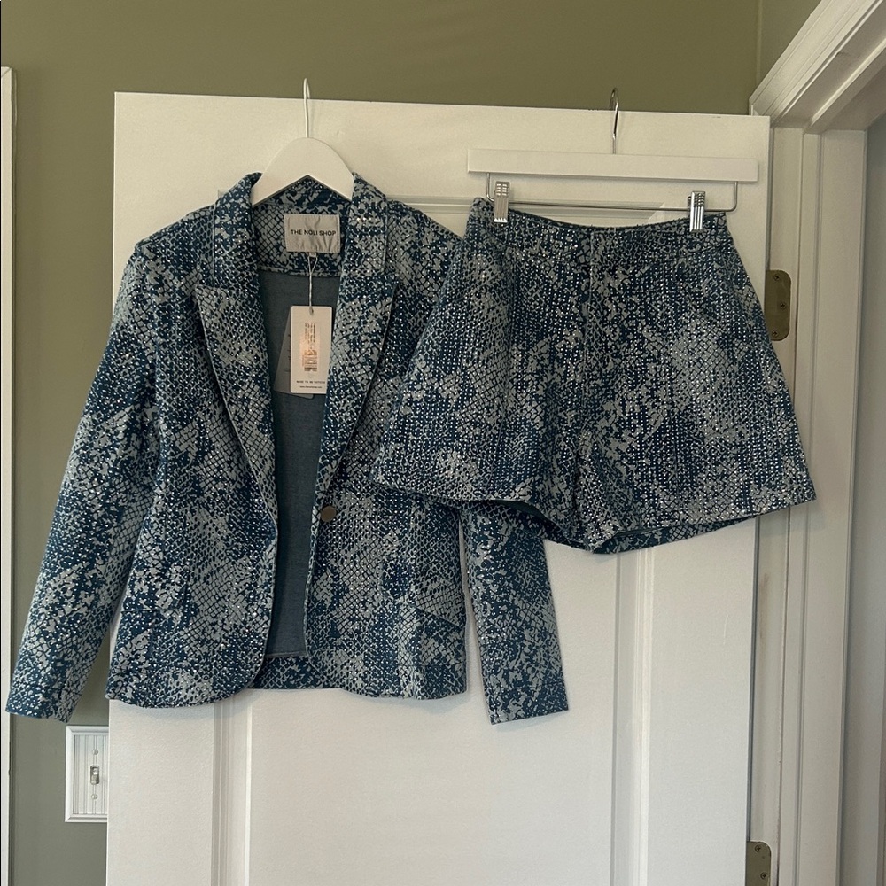 Brand New Noli Blue and White Textured Blazer & Skort Set
